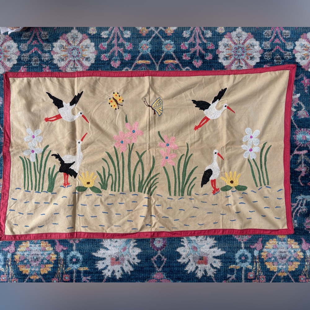 Vintage Silk Embroidered Stork Curtain Panel | European Folk Art | 1940s–50s